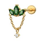 Piercing Labret Três Pontas Zircônia Verde com Corrente Ponto de Luz Titânio Gold