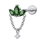 Piercing Labret Três Pontas Zircônia Verde com Corrente Ponto de Luz Titânio Silver