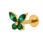 Piercing Labret com Topo Borboleta Zircônia Verde Titânio Gold
