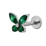 Piercing Labret com Topo Borboleta Zircônia Verde Titânio Silver